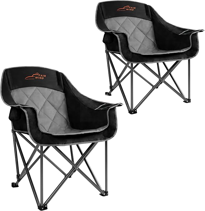 FAIR WIND 2 Pack Oversized Padded Camping Chair Heavy Duty Quad Fold Arm Chair Portable for Outdoor - Support 450LBS Black