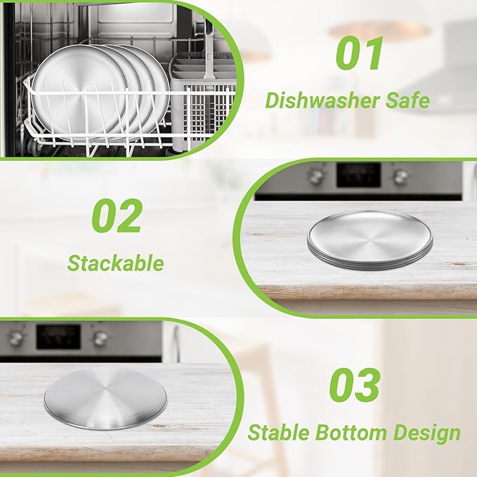 Metal Camping Plates 10 Pack 9.1 inch Small 201 Stainless Steel Plates Reusable Pizza Food Serving Snack Eating Salad Dishes Round Brushed Finish Silver Sturdy Dish Oven Dishwasher Safe