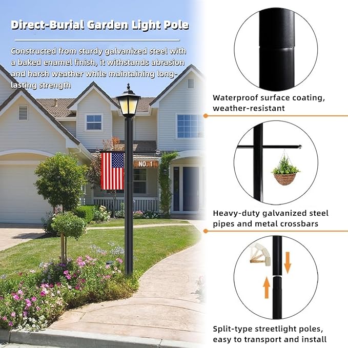 10FT Outdoor Lamp Post Split Street Light Pole with Cross Arm Base Mount Lighting Post Fixtures for Pathway Courtyard Parking Lot Fits Standard 3 Post Top Fixtures (10FT 76mm Base Mount)