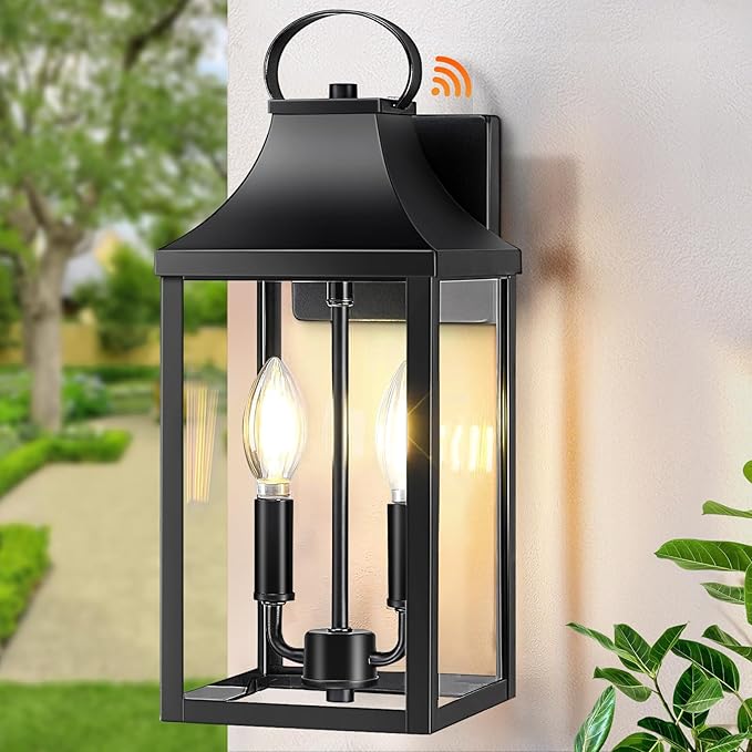 15 Dusk to Dawn Black Outdoor Wall Lantern 2-Light Outside Modern Wall Sconce Light Fixture Industrial Porch Light with E12 Sockets Waterproof Exterior Lamp Lighting Black