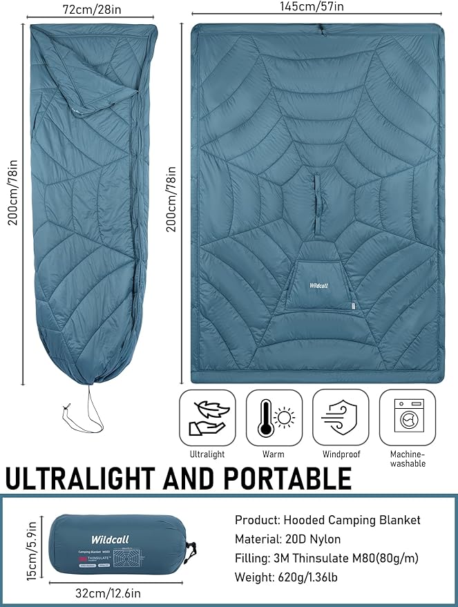 WildCall Hooded Camping Blanket with 3M Thinsulate Insulation Wearable Poncho Blanket Ultralight Foldable Quilt Sleeping Bag for Outdoor Hiking Stadium