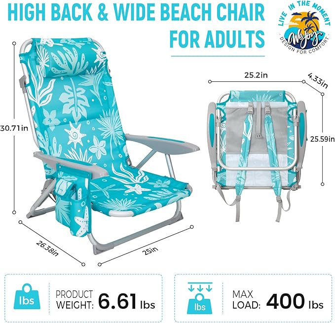 #WEJOY Beach Chair for Adults Reclining Adjustable PositionLay Flat Lightweight Folding Portable Aluminum Chair with Backpack StrapsPadded headrest Heavy Duty 400 lbs Lawn Chair for Beach 2 Pack