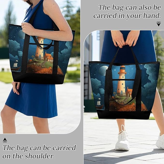Insulated Shopping BagLarge Reusable Cooler Bags Catoon Whale Lighthouse Printed Foldable Shopping BagTravel Waterproof Shoulder Bag