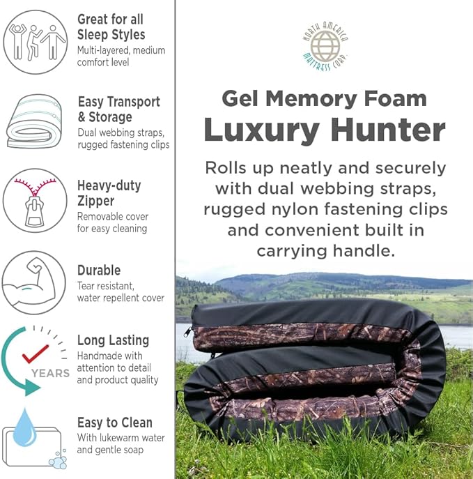 North American Mattress Trapper Bed 4 Luxury Hunter Camping Sleep Pad with Gel Memory Foam and TRUETIMBER Camo Cover