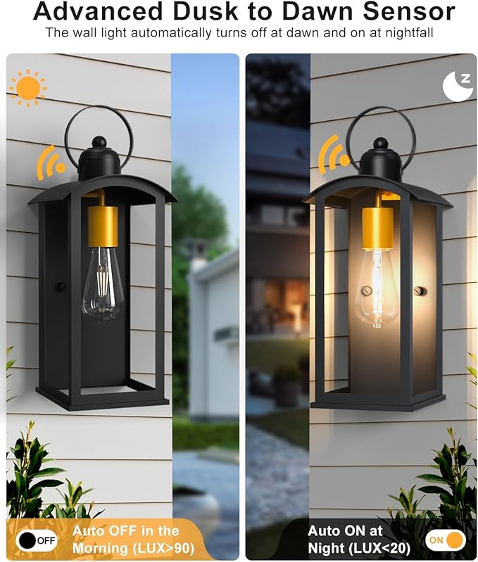 Dusk to Dawn Outdoor Wall Light Fixtures 15inch Waterproof Patio Lanterns Exterior Wall Mount Lantern Sconce with Glass Black Wall Sconces for House Garage Front Door