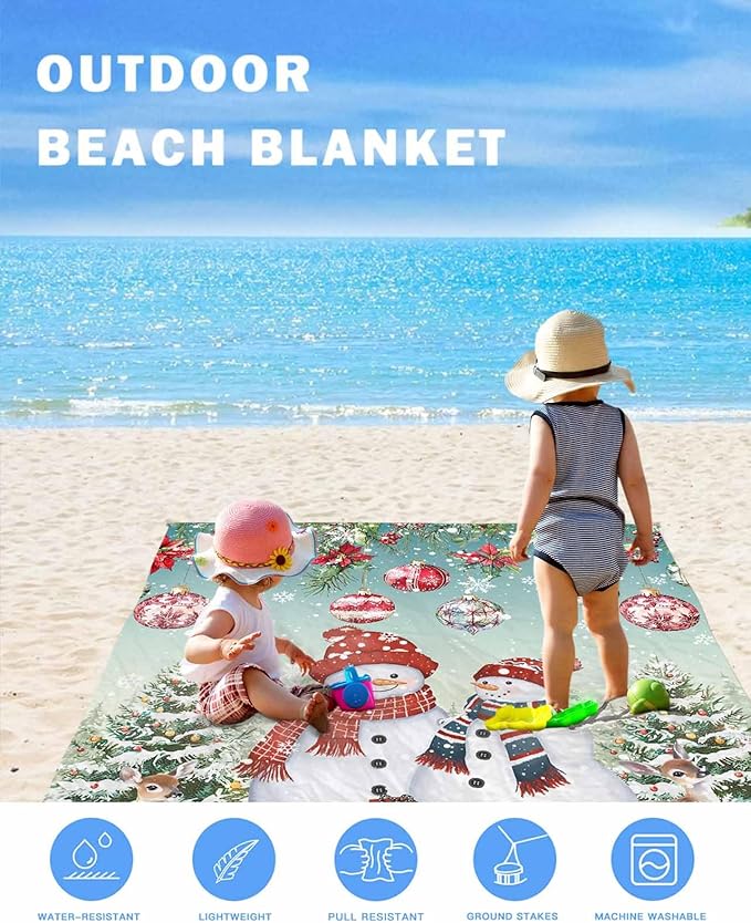 Beach Blanket Waterproof Sandproof OversizedSnowman Deer Christmas Tree Poinsettia Beach Mat with Corner Stakes Sand PocketsXmas Ornaments Berry Leaf Picnic Mat for Travel Camping Hiking83x79In