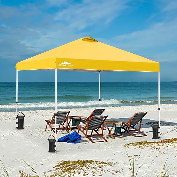 EAGLE PEAK Pop Up Canopy Tent with Wheeled Carry Bag 8 Stakes 4 Ropes 4 Weight Bags Easy Set Up Tent Canopy 10x10 ft 100sqft of Shade Yellow