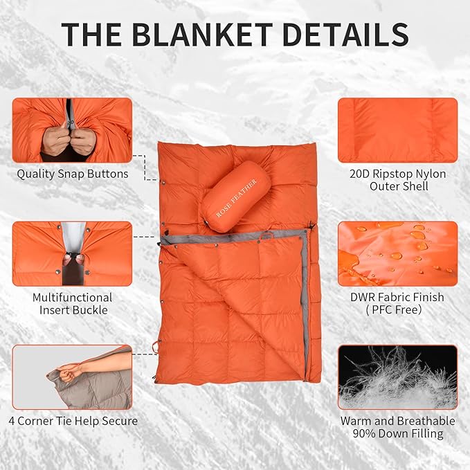 Down Camping Blanket - Lightweight Packable Warm &amp Puffy Outdoor Travel Quilt for Sleep Hiking Backpacking Stadium Festivals Water-Resistant Sleeping Bag 55x79
