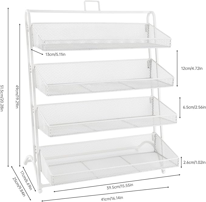 4 Tier Snack Organizer Candy Display Rack for Countertop Snack Display for Counter Portable Chip Rack Metal Snack Shelf for Retail Stores Kitchen Office (White)