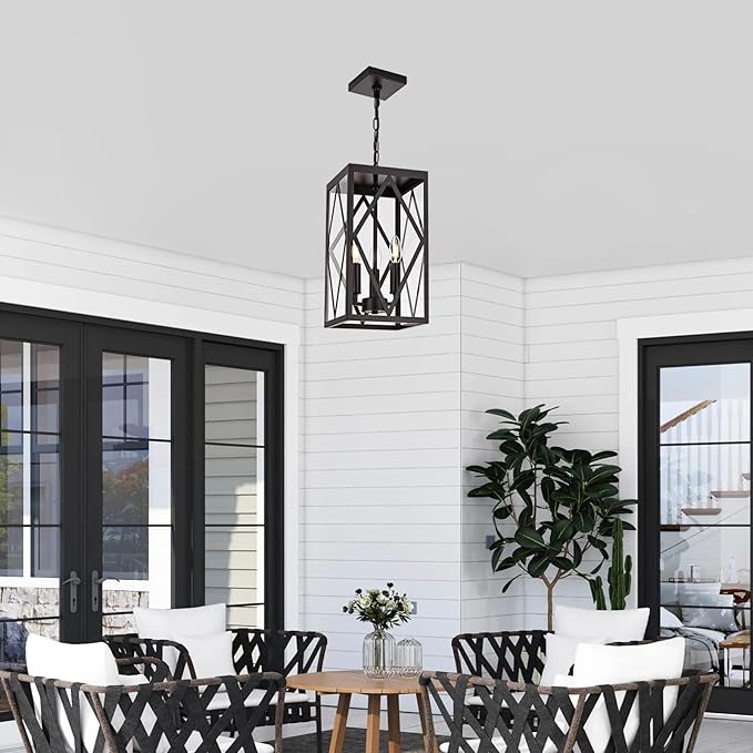 15.7'' Outdoor Pendant Lighting Fixtures 3-Light Outdoor Chandelier Oil Rubbed Bronze Exterior Hanging Porch Light Fixtures w/Glass Shade Outside Pendant Lantern for Front Porch Balcony Foyer