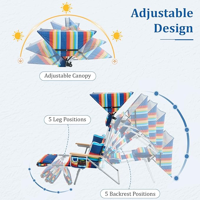 70'' Extra Long Beach Lounge Chair Tanning Chair with Canopy &amp Face Holes &amp Arm Holes &amp Storage Pocket Adjustable Foldable Recliner with Carry Strap (2 Rainbow)