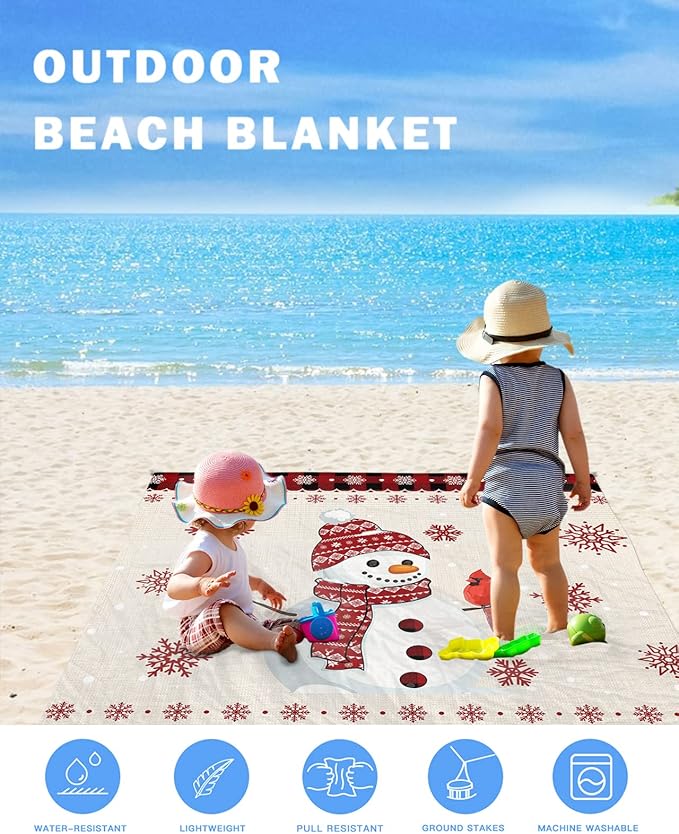 Beach Blanket Waterproof Sandproof Christmas Snowman Winter Snowflake Cardinal Quick Drying Beach Mat with 4 Stakes Red Black Checker Vintage Linen Lightweight Picnic Blanket for Travel 83x79