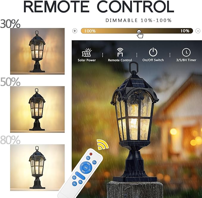 Emliviar 19 Portable Solar Post Light for Patio and Camping Table Lamp with Pier Mount Base in Black Finish Outdoor Solar Lighting with Water Grain Glass Shade YXE302P-ML SL BK