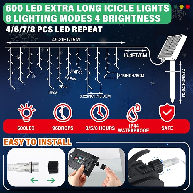 Retisee 65ft Colorful Mardi Gras Light Solar Icicle Light for Outdoor Decor Waterproof 600 LED Powered Karneval Curtain String Icicle Lights for Carnival Outside Yard Porch Garden Hang Tree Decor