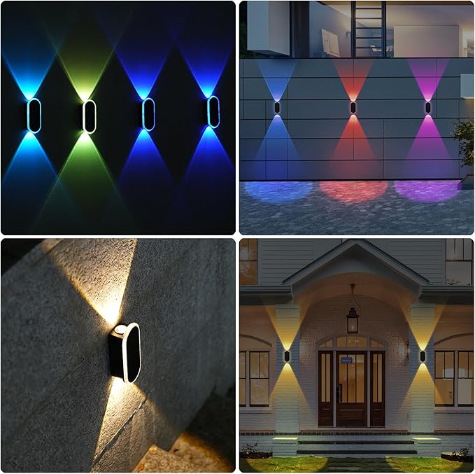 4 Pack Solar Fence Lights RGBW 8-Color Changing Waterproof Top and Bottom Lighting Wall for Landscape/Fence/Patio/Wall/Garden Christmas Solar Lights (2 Installation Modes)