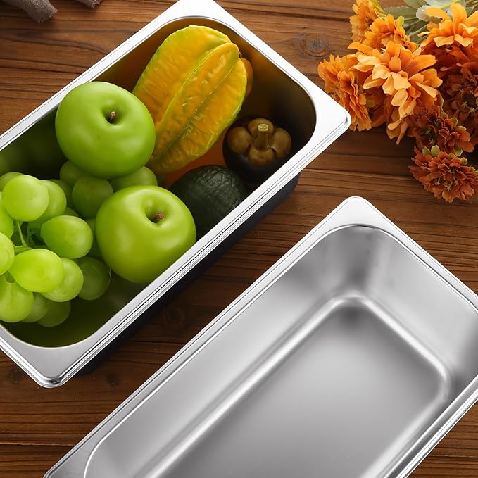6PCS Hotel Pans Stainless Steel Steam Table Pan 1/3 Size 4 Inch Deep Steam Pan Catering Storage Metal Food Catering Tray for Hotel Restaurant Buffet Party