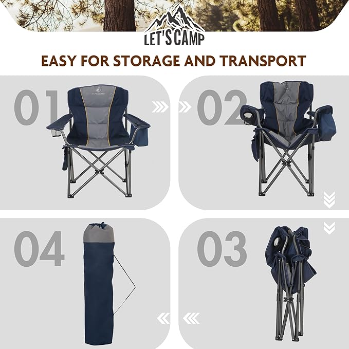 ALPHA CAMP Folding Camping Chair Oversized Heavy Duty Padded Outdoor Chair with Cup Holder Storage and Cooler Bag 450 LBS Weight Capacity Thicken 600D Oxford Blue