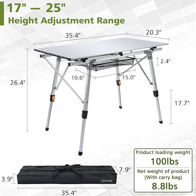 Folding Outdoor Camping Table with Adjustable Legs Lightweight Aluminum Roll Up Camp Table with Carrying Bag Mesh Storage Organizer for Cooking Picnic Beach Backyards BBQ Party