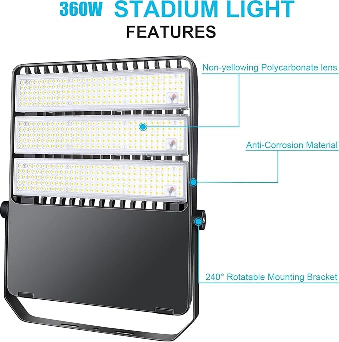 ledmo 360W LED Flood Lights Outdoor Super Bright 50400LM Stadium Lighting Commercial Sports Floodlight with Adjustable Bracket Light up Yard Arena Barn IP65 Waterproof 5000K Tri-Modular (2Pack)