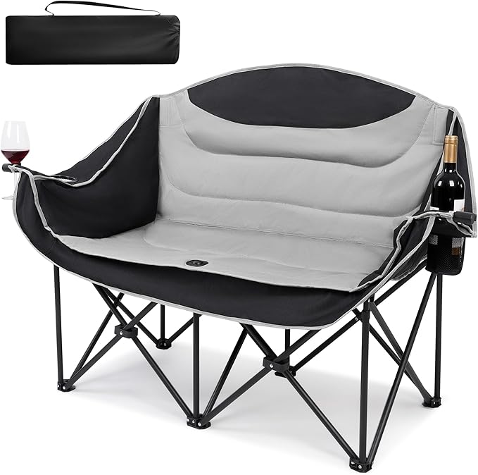 Outdoor Fully Padded Double Camping ChairBeach Folding Loveseat Camping Couch Double Duo Chair Patio Heavy Duty Quad Fold Chair Arm Chair with Cup Hold
