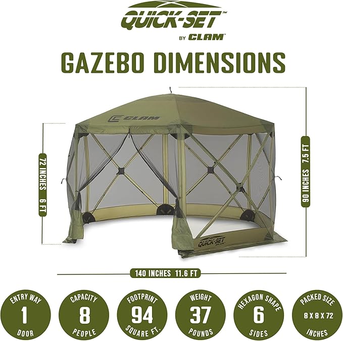 CLAM Pop Up Screen Tent Outdoor Camping Gazebo Canopy Escape 11.5' Green - Heavy-Duty Portable Screened Shelter with Netting for Beach Patio and Backyard