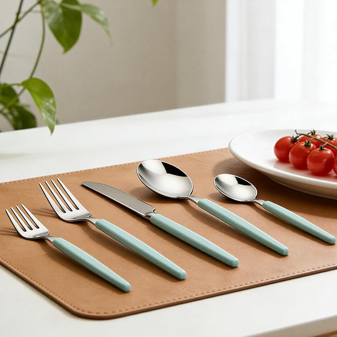 Silverware Set 40-Piece Stainless Steel Spoons and Forks Set with Organizer Color Handles Camping Flatware for 8 Dishwasher Safe（Green)