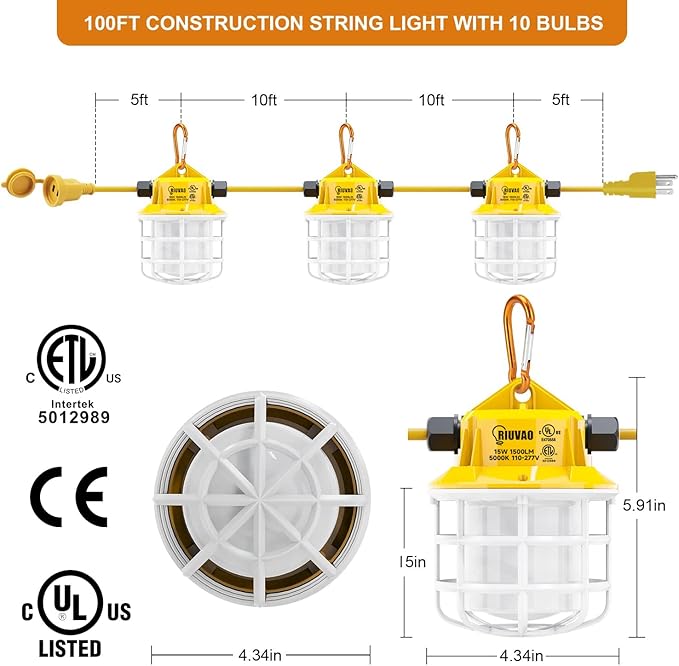 100ft LED Construction String Lights 150W 15000LM Super Bright LED String Work Light Construction Temporary Lights apply to Renovation Courtyard Jobsite and All Outdoor Lighting (100ft-10lights)