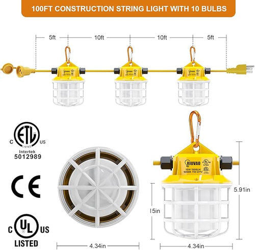 100ft LED Construction String Lights 150W 15000LM Super Bright LED String Work Light Construction Temporary Lights apply to Renovation Courtyard Jobsite and All Outdoor Lighting (100ft-10lights)
