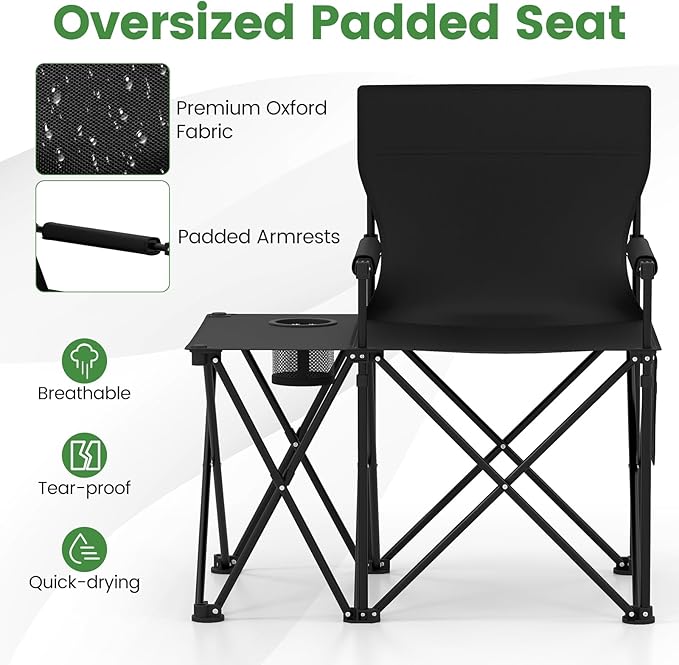 Goplus Oversized Camping Chair with Side Table Folding Heavy-Duty Picnic Chair w/ 2 Storage Pockets Cup Holder Padded Armrests Carrying Bag Portable Outdoor Chair for Fishing RV Trip (Black1)