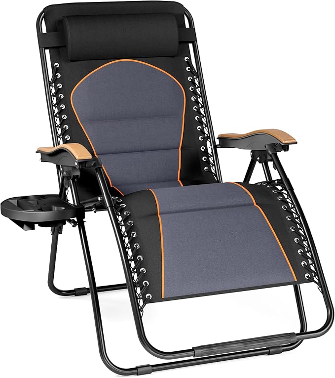 PHI VILLA XXL Oversized Padded Zero Gravity Chair Foldable Patio Recliner 30 Wide Seat Anti Gravity Lounger with Cup Holder Support 400 LBS (Black &amp Orange Accents)