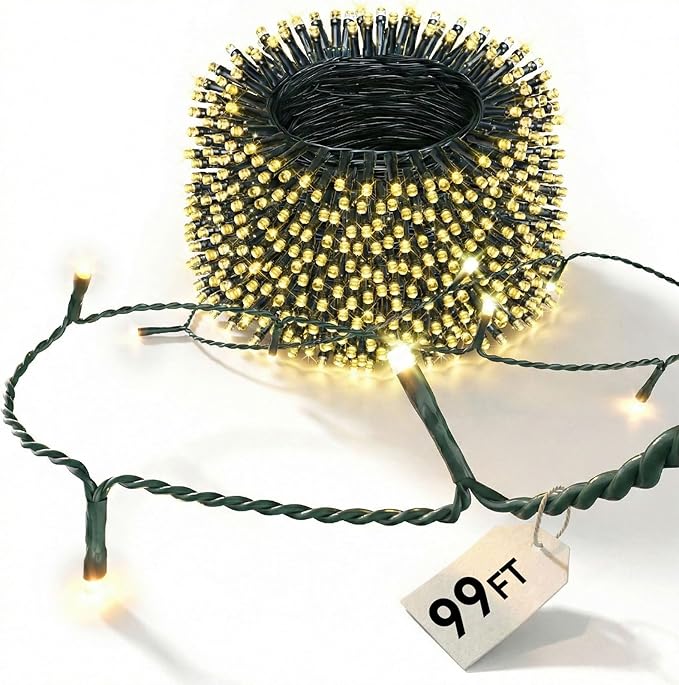 LitHome 99FT 300 LED String Lights Outdoor Waterproof 8 Modes Christmas Lights Plug In Green Wire Warm White String Light with Timer &amp Memory Function Tree Light Outdoor for Xmas Garden Patio D