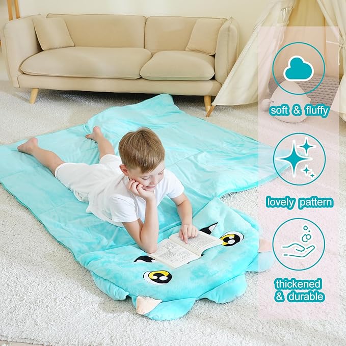Kid Sleeping Bag with Pillow - Larger Nap Mat - Plush Slumber Bag for Boys Girls Daycare Preschool Kindergarten Birthday Gift Travel Sleepover Ages 3-12 Years