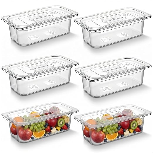 6 Pack Plastic Restaurant Containers with Lids 1/3 Size 4 Inch Deep Commercial Food Storage Containers Stackable Clear Food Pans for Kitchen Restaurant Cafeteria Foods Prep 3.77qt/ 3.57L