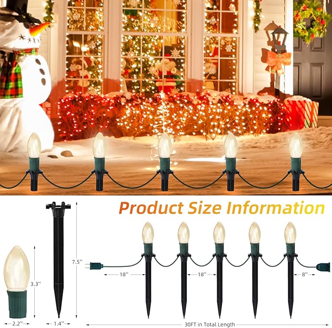 USOKYO 30Ft C9 Led Christmas Pathway Lights Outdoor 20 Warm White Bulbs Waterproof Connectable Christmas Walkway Lights with Stakes for Yard Lawn Sidewalk Driveway Christmas Decorations