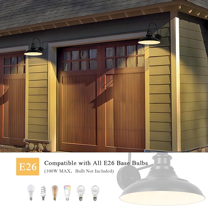 Dusk to Dawn Sensor Outdoor Barn Light Fixtures 12.3 Inch Dome Farmhouse Outdoor Wall Sconces Exterior Wall Mount Lights Industrial Black White Wall Lanterns for Porch DDRZ004-4 BK+WH