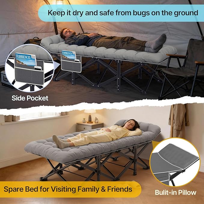 Slendor XXL Folding Camping Cot for Adults with Mattress Pillow Carry Bag 32 inch Extra Wide Portable Sleeping Cot 900LBS Support Outdoor Cot Bed for Office Nap Beach Travel RV