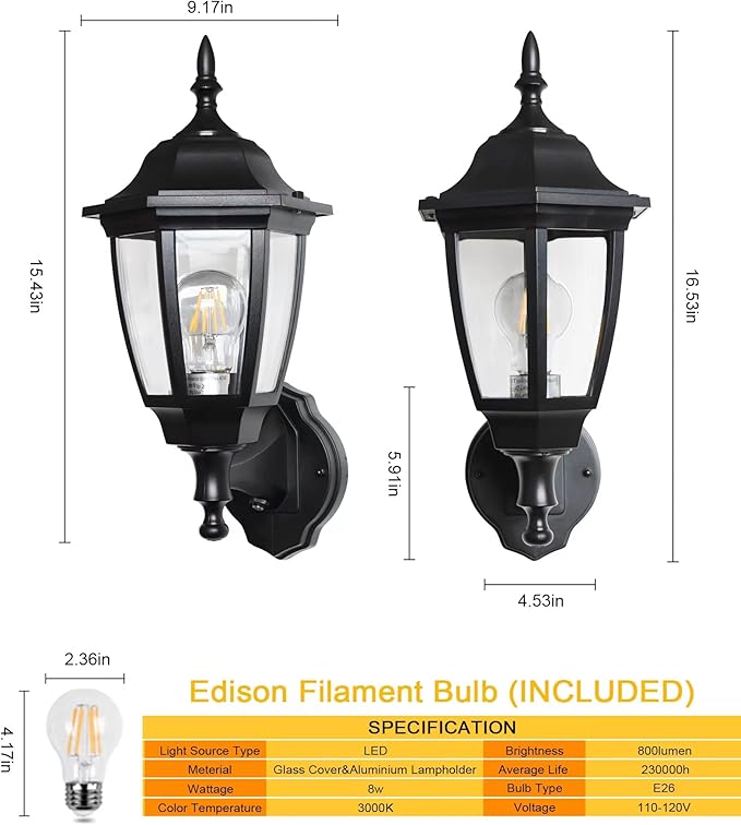 FUDESY Outdoor Wall Light Dusk to Dawn Porch Sensor Light Black Plastic Anti-Corrosion with LED Edison Filament Bulb Exterior Mount Lantern for House Garage (1-Pack) FDS2542PS-B
