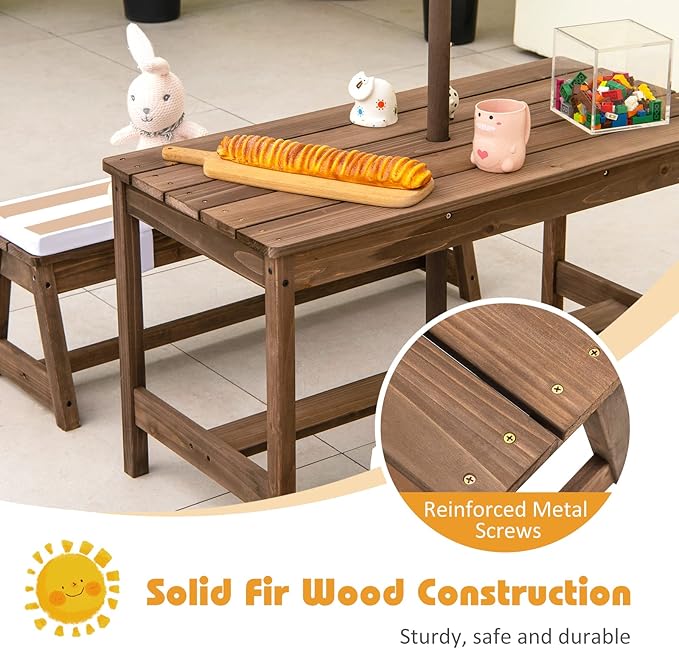 2-in-1 Kids Picnic Table Wooden Kids Outdoor Tables with Removable Umbrella &amp Cushions Fits 4 Children Indoor Outdoor Toddler Picnic Table for Backyard Lawn &amp Patio (Coffee)