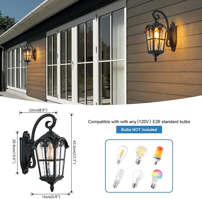 17.1'' H Aluminum Outdoor Wall Lights- Black Roman Style Waterproof &amp Anti-Rust Exterior Lighting Fixtures Hammered Outdoor Wall Lantern for Porch Doorway Garage Backyard 2 Pack