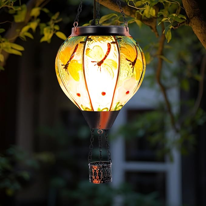 Dragonfly Solar Hot Air Balloon Lantern with Flame Glass Hot Air Balloon Solar Lantern Outdoor Waterproof Decorative Hanging Hot Air Balloon Solar Light for Outside Garden Patio Yard