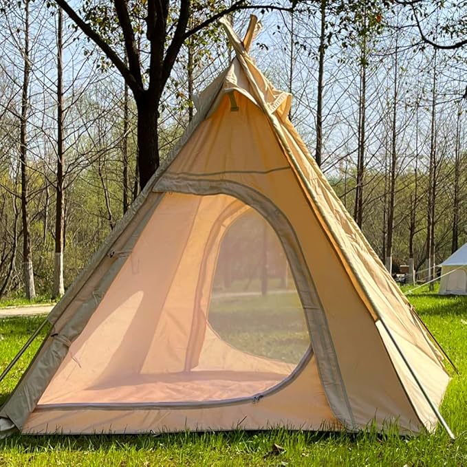 7ftx7ft x6.5ft Canvas Camping Pyramid Tipi Tent Adult Indian Teepee Tent for 1-2 Person for Outdoor Camping Or Exhibition