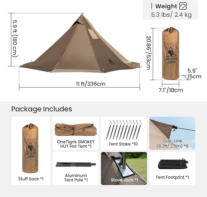 OneTigris Smokey HUT Hot Tent with Stove Jack Ultralight 4 Season Tipi Tent with Snow Skirt &amp Detachable Floor for Camping Hiking Bushcraft Backpacking