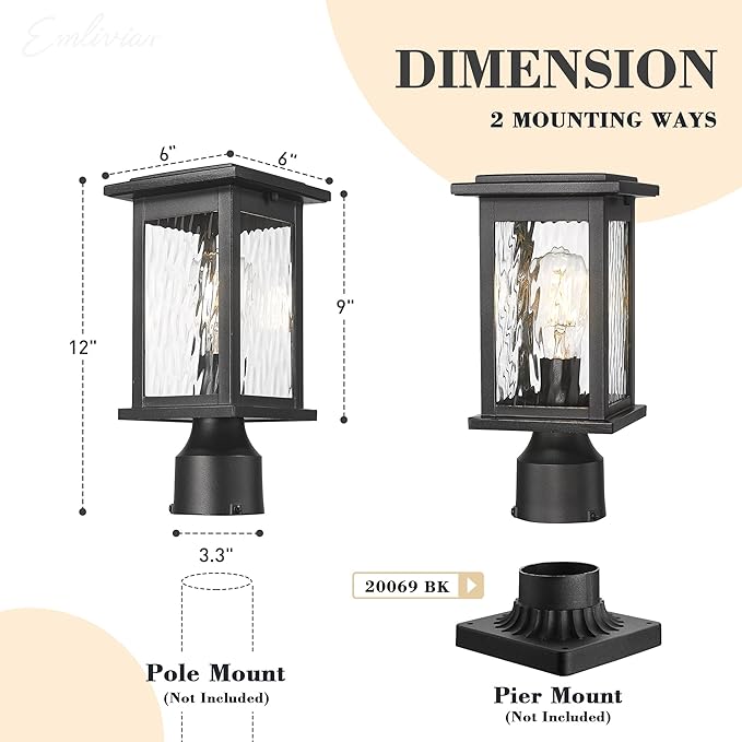 Emliviar 2-Pack Outdoor Pole Lightings Black Pole Lamps with Water Ripple Glass Exterior Colummn Lights for Lawn Porch and Yard 1803EW1-P-2PK-WP