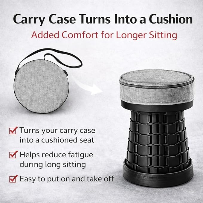 Panus [Cushioned Storage case] Telescoping Folding Camping Stool with Carrying Case Portable Adjustable Height Outdoor Chair 1-Second Setup Compact Lightweight for Camping Fishing Hiking (Black)