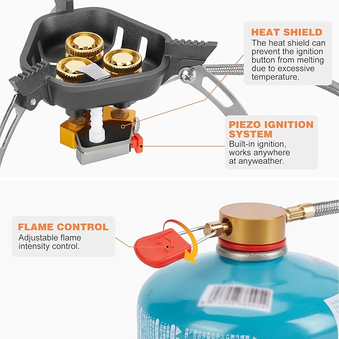 WADEO 7200W Windproof Camping Stove Camping Gas Stove with Piezo Ignition Two Fuel Canister Adapter Carry Case Portable Stove Backpacking Stove for Outdoor Backpacking Hiking and Picnic