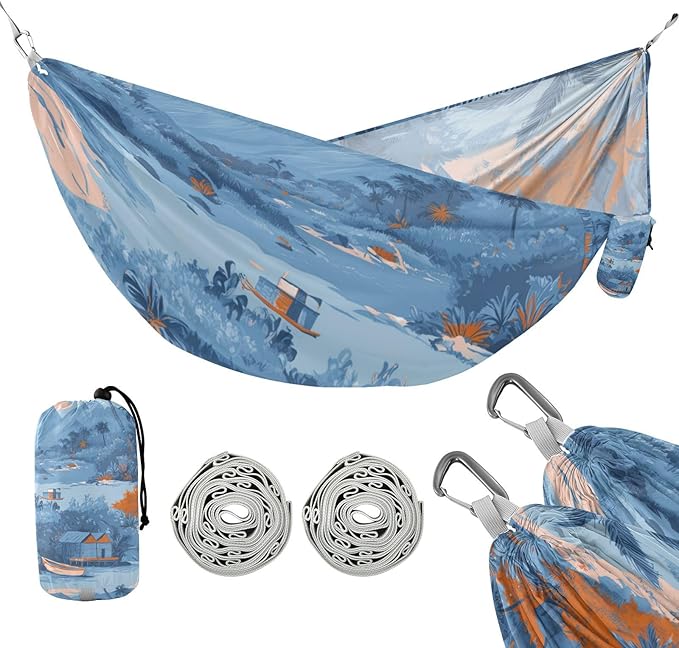 OTVEE Camping Hammock Coastal Island Portable Hammocks 500lb Upgraded Thickened Durable Single Hammocks with Tree Straps &amp Travel Bag for Camping Outdoor Indoor Patio Backyard