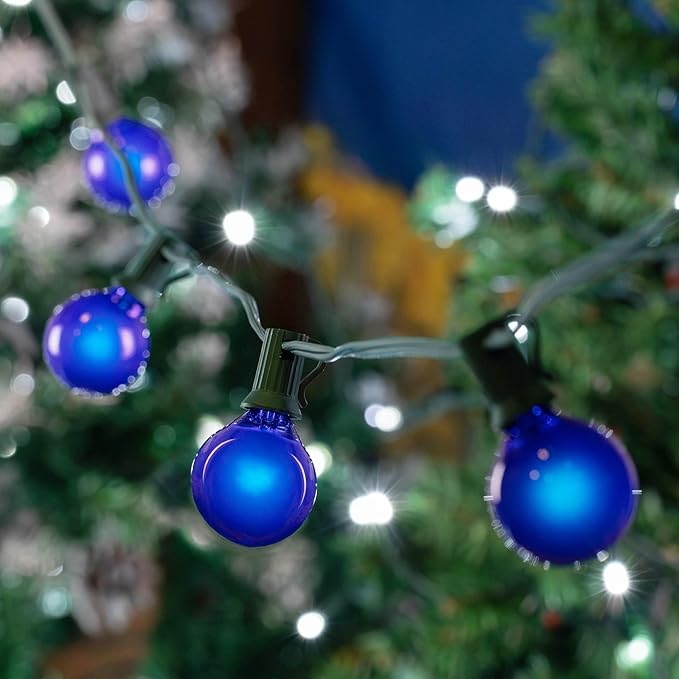 G40 Patio String Lights with 25 Blue Globe Bulbs - Hanging Garden String Lights - Vintage Backyard Patio Lights - Outdoor String Lights - Market Cafe String Lights - Green Wire - 25 Foot