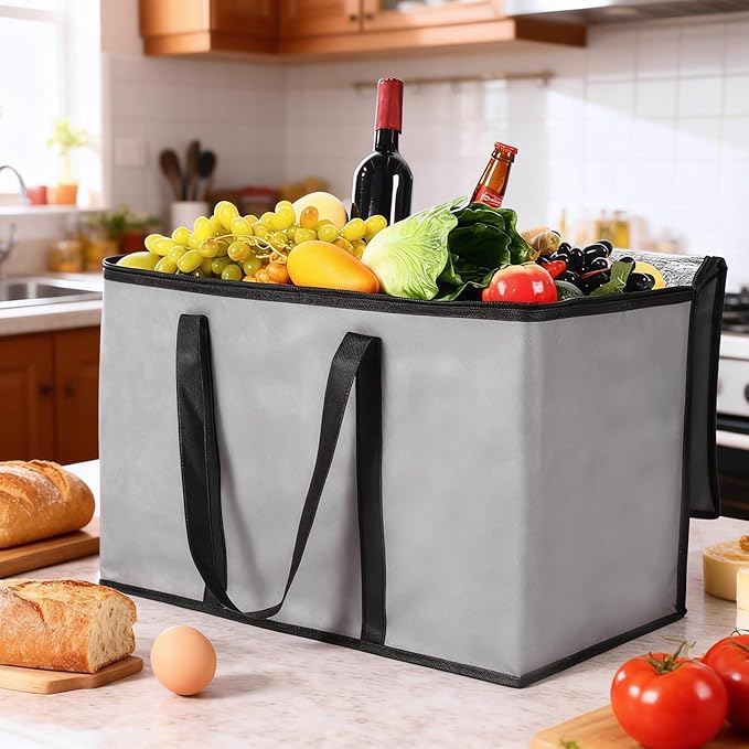 12 Pcs Large Insulated Food Delivery Bag Bulk XXXL Reusable Grocery Bags Foldable Catering Insulated Cooler Bag with Sturdy Handles for Takeout Shopping Camping Warmer/frozen(Gray)