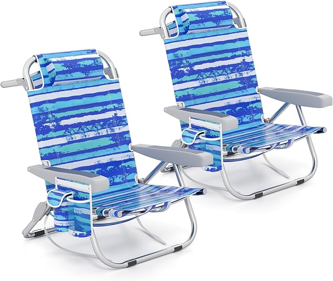 Giantex 2-Pack Backpack Beach Chair - Foldable Camping Chair with 5 Adjustable Position Cup Holder Storage Pockets Straps Towel Rack Pillow Lay Flat Lawn Chair for Patio Outdoor Blue Stripe