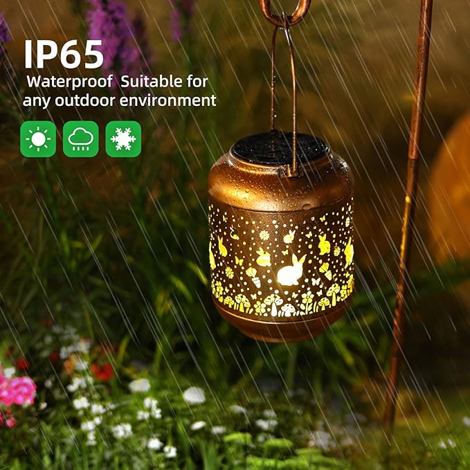 Rabbit Solar Lanterns Outdoor WaterproofGarden Decor Solar Lights Bunny Gifts for Women Mom GrandmaMetal Outside Decoration Hanging Lantern for YardPorchPatioLandscapeBackyardLawn
